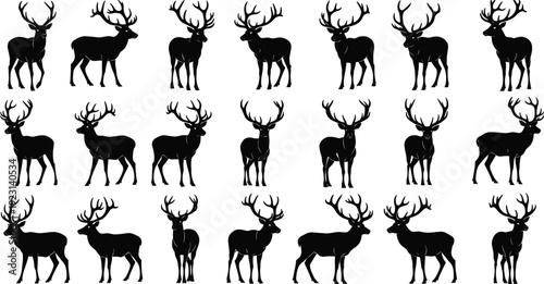 Deer silhouette illustration set with antlers, twenty black animal figures, wildlife design vector for hunting, nature, forest, and pattern art