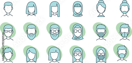 Diverse avatar illustration set, twenty profile icons with hairstyles facial hair accessories headscarves masks glasses, vector design for digital identity