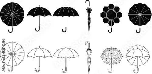 Umbrella illustration set, twelve vector designs in black silhouette and white outline styles, creative graphic icons for rain weather protection