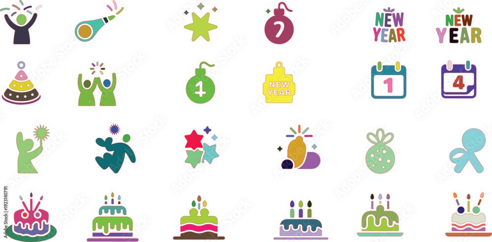 Fototapeta premium Colorful New Year Celebration with Cakes and Fireworks
