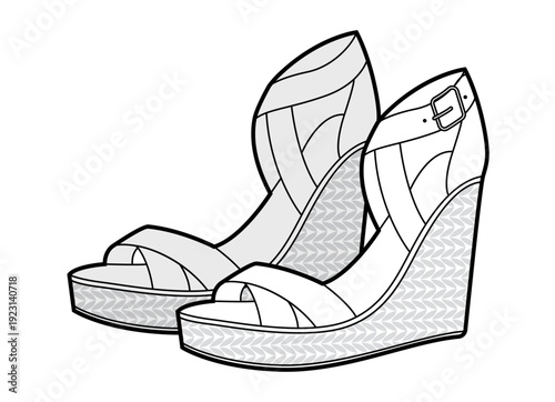 Cork wedge sandal shoe women sketch pair. Cross strap wedge sandal for smart casual summer outfit. Technical fashion illustration CAD mockup vector man unisex isolated classic style.
