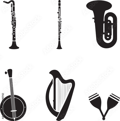 Black and white musical instruments clarinet oboe tuba