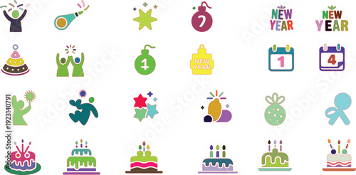 Colorful New Year Celebration with Cakes and Fireworks