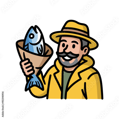 A cheerful fisherman holding a freshly caught fish in a brown paper cone.