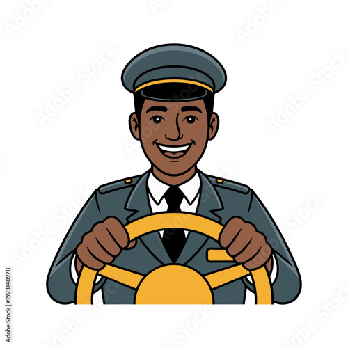 A smiling African American chauffeur in a uniform driving a vehicle with a yellow steering wheel