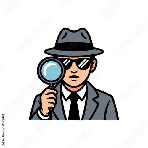 A cartoon detective in a gray suit and hat holding a magnifying glass up to his face