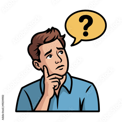 A cartoon man with a puzzled expression and a question mark in a speech bubble, symbolizing confusion or uncertainty.