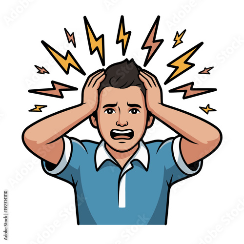 A frustrated cartoon man covering his ears with his hands amidst loud noises