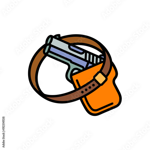 A cartoon illustration of a handgun in a brown leather holster