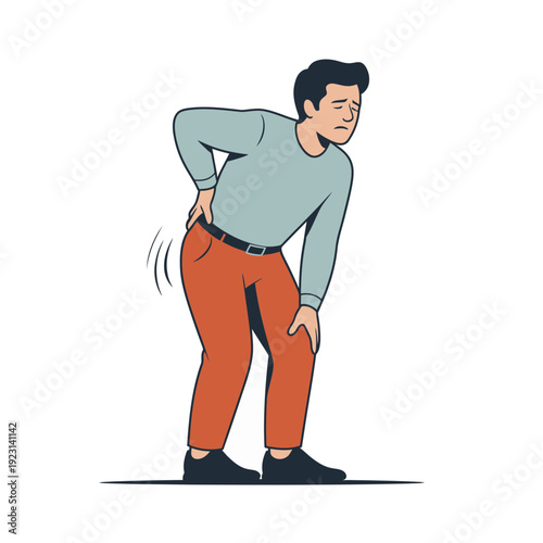 A man clutching his lower back in pain, illustrating a common issue of backache or strain.