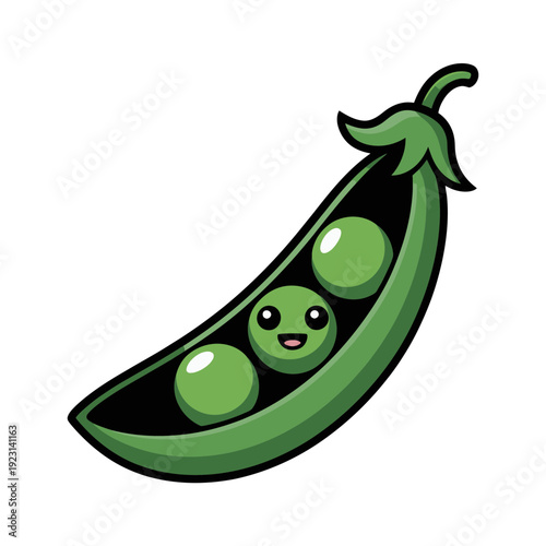 A cartoon pea pod with a surprised face inside, illustrated in a playful and colorful vector graphic style.