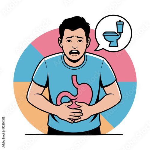A man clutching his stomach in discomfort with a toilet icon in a speech bubble, indicating gastrointestinal issues or digestive problems.