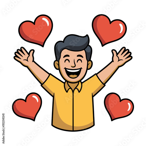A cheerful cartoon man surrounded by floating red hearts, expressing joy and love in a playful vector illustration.