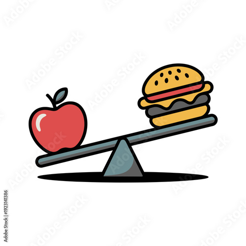 A colorful illustration of a seesaw balancing a healthy red apple and an unhealthy hamburger