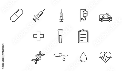 Minimal line healthcare and medicine icon set vector isolated on transparent background