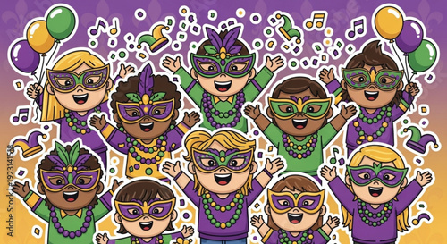 Diverse group of happy cartoon people wearing mardi gras masks and beads celebrating with balloons and music notes on purple background