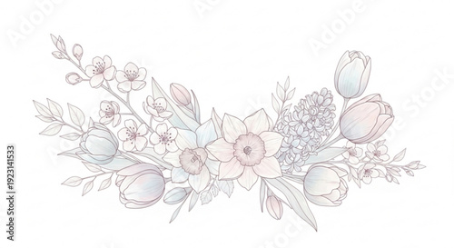 Delicate floral arrangement with pink and white flowers leaves and buds on a white background elegant botanical illustration