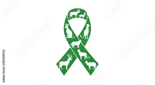 Green awareness ribbon with white animal silhouettes for conservation and welfare
