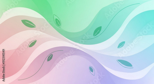Pastel wavy background with green leaves abstract colorful design gradient hues of pink purple blue and green natural elegant illustration