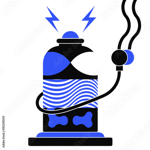 A blue and black illustration of a device with a hose and lightning bolts