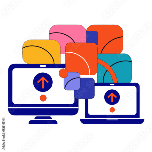 A computer and laptop with packages being uploaded