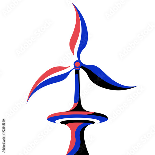 A stylized wind turbine with colorful blades