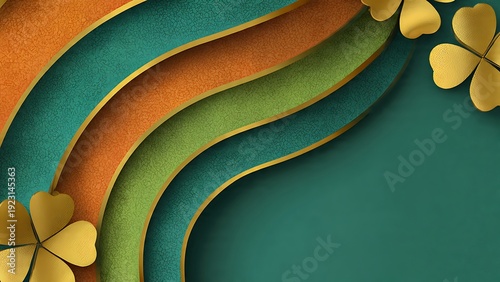 St Patrick's Day dual tone abstract background with golden shamrocks copy space