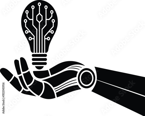Robotic hand holding a circuit board light bulb on with technology and innovation concept