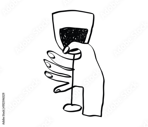 Hand drawn wine glass sketch with flowing lines and whimsical doodle style, perfect for restaurant menus, bar posters, or vintage party invitations and celebration designs. Vector illustration.