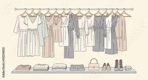 Fashionable clothing and accessories on display hanging on rack and folded on table for shopping or organization