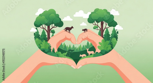Person holding forest landscape with animals in hands symbolizing nature protection and conservation