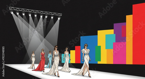 Fashion models walking down a catwalk with colorful blocks and spotlights in the background at a stylish event