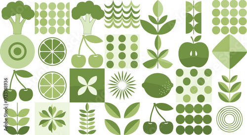 Abstract Flat Vector Illustration Set of Green Nature Elements Featuring Fruits, Vegetables, Leaves, and Geometric Patterns for Eco-Friendly Branding and Sustainable Design