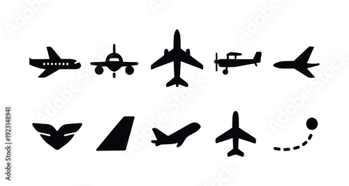 Aviation, airplane silhouette icon set. Aircraft, flight silhouette collection