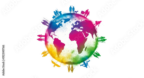 Vibrant illustration of a globe surrounded by diverse people in a colorful celebration of global unity and international cultural diversity with a theme of Holi festival