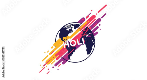 A colorful illustration of a globe with vibrant Holi paint splashes and the word 'HOLI' for a global unity and cultural celebration theme in a vector design