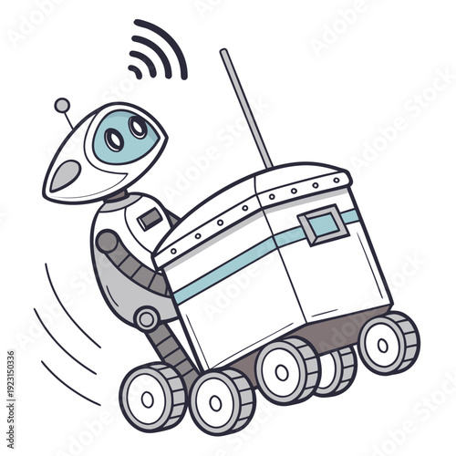 A robot is pushing a robot vacuum cleaner