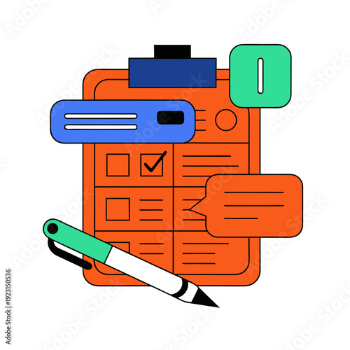 A checklist with a pen and speech bubbles on a clipboard