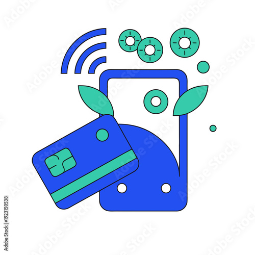 A blue credit card and a mobile phone with green and blue graphics