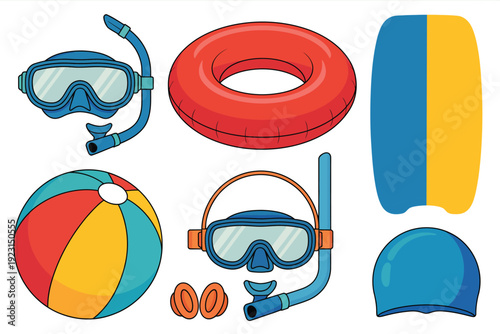 Cartoon swimming and snorkeling equipment set, colorful underwater gear including mask, fins, snorkel and swim accessories on white background.