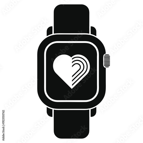 A black and white image of a smart watch with a heart rate symbol