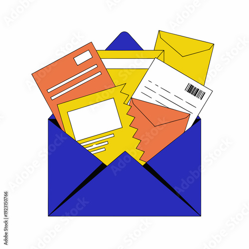 A blue envelope filled with various colorful letters and envelopes