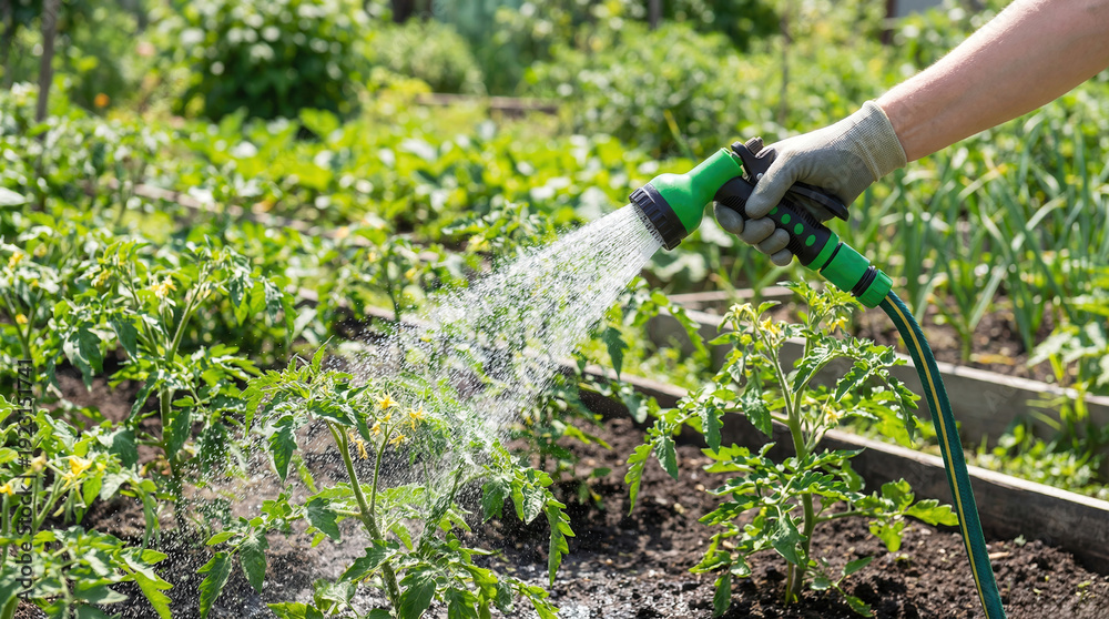Obraz premium Watering Vegetable Garden with Hose Spray. Gardener watering young vegetable plants with hose nozzle in sunny backyard garden, illustrating irrigation, plant care and sustainable home farming.