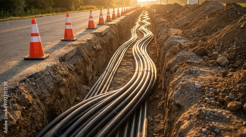 Underground Cable Installation Along Road Construction. Black utility cables laid in an open trench beside a highway with traffic cones, infrastructure upgrade at sunset construction site.