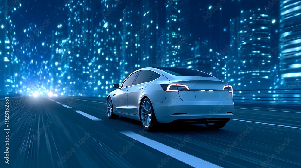 Naklejka premium Electric Vehicle on the Highway: A futuristic electric vehicle cruises along a sleek highway, illuminated by the city lights and streaming data.