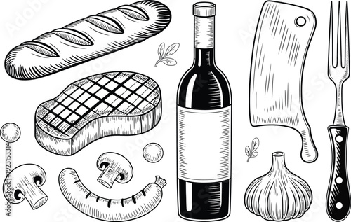 Hand drawn vintage sketch set of food and cat icons, bread, sausage, coffee and wine symbols in vector cartoon illustration for restaurant art.