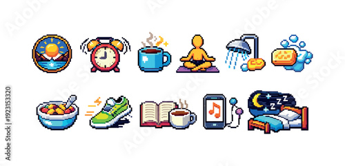 Daily routine solid icon set. Morning activities, meditation, night relaxation, fitness