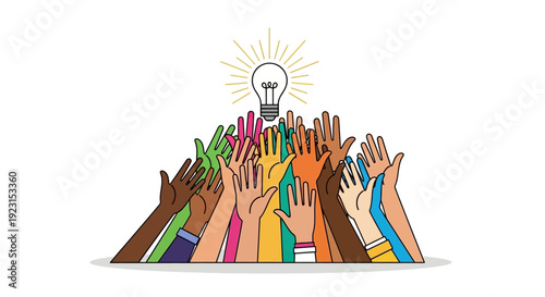 Diverse hands reaching for a bright lightbulb idea together