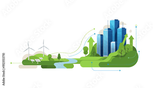 Sustainable City with Renewable Energy and Green Spaces.