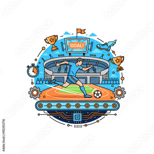Vibrant Soccer Player Kicking Ball in Stadium Illustration.